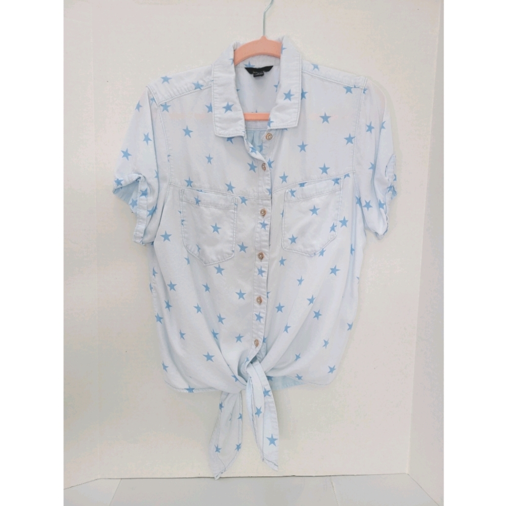 Light wash denim star button down tie top